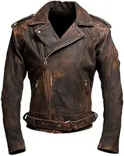 [Sumairah] Mens Motorcycle Stand Collar Distressed Coat Zipper Multi Pockets Lapel Bikers Genuine Leather Jackets