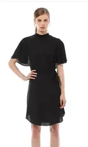 Saba Meadow Black burgundy flutter sleeve viscose dress - size 6 RPR$279