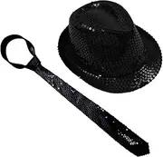 [ZARSIO] Sequins Fedora Hat and Tie for Men, Retro Disco Sequined Top Hat Fashion Party Costume Accessory, 60cm