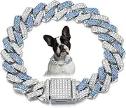Blue Dog Chain Collar, Bling Diamond Cuban Link Puppy Collar Glitter Rhinestone Cat Collars for Small Medium Large Pet Dogs, 8-Inch