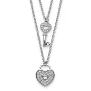 Sterling Silver Rhodium-Plated Cz Heart Lock/Key W/2In Ext Necklace