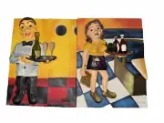 Vintage Will Rafuse 3D Waiter and Butler Cafe themed Wall Art Set of Two
