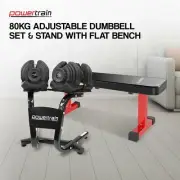 Powertrain 80KG Adjustable Dumbbell Set & Stand with Flat Bench