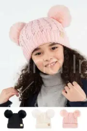 C.C Exclusive Kids Children’s Double Pom Pom All Over Cable Knit Soft Beanie Hat