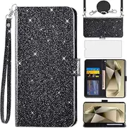 [Asuwish] Mobile Phone Case for Samsung Galaxy S24 Ultra 5G Case with Strap, Protective Film, Card Slot, Foldable, Glitter, Leather, Wallet, Stand, S24Ultra 24S, S 24, 24 Ultra Mobile Phone Cases