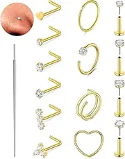 [MODRSA] Gold Nose Rings Nose Piercings Threadless Nose Stud 20g 20 gauge Nose Rings L Shaped Push in Nose Stud Surgical Steel Nose Rings Hoops for Women Hoop Nose Rings Hypoallergenic Nose Jewelry,