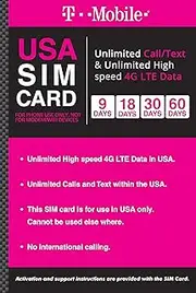 Brand USA Prepaid Travel SIM Card Unlimited Call, Text and 4G LTE Data (for use in USA only) (for Phone use only. NOT for Modem/WiFi Devices) (30 days)