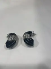 Kenneth Jay Lane KJL Black Carved Earring with Clear Crystals, Post Backs