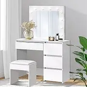 Dressing Table Set with Hollywood Mirror, Makeup Vanity with Drawers & Stool, Vanity Desk for Bedroom, Led Mirror 3 Lighting Color Adjustable,White