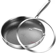 [DELARLO] Whole Body Tri-Ply Stainless Steel 12 inch Honeycomb Frying Pan with Lid, Oven Safe Induction Skillet,Suitable for All Stove (Detachable Handle), Silver