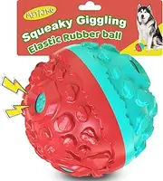Dog Toy Ball for Aggressive Chewers, Interactive Fetch Dog Ball with Fun Squeaky Giggling Sound, Durable for Small Medium Large Dogs, Non-Toxic Rubber Pet Chew Toys, Blue & Red