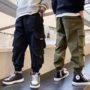 Kids Boys Pants Trousers Patchwork Pocket Solid Color Breathable Soft Comfort Pants Outdoor Daily Basic Black Green Mid Waist
