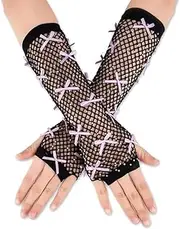 [Generic] Fishnet Glove with Bow Rhinestone, Black & Purple Rhinestone Fishnet Gloves Mesh Fishnet Gloves for Halloween Costume Party Decorations Birthday Accessory, Black, Purple