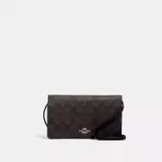Coach Anna Foldover Clutch Crossbody In Signature Canvas Brown Black - 3036 NWT