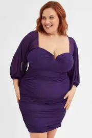 Purple Bodycon Dress Mesh Balloon Sleeve Ruched Mini
