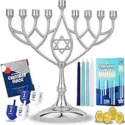 Zion Judaica Hanukkah Value Kit - Full Size Solid Menorah 44 Colored Candles Complete Hanukkah Guide Booklet 6 Colored Dreidels Sack of Milk Belgian Hanukkah Coins Gelt - All Essentials in 1 Box