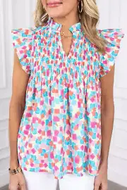 Sky Blue Shirred Yoke Ruffled Abstract Printed Blouse