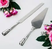 Set 2 Silver Cake Server & Knife with Sparkling Binding Crystal Diamante Double Hearts Handles