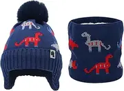 [DKDDSSS] Boys Bobble Hat, Boys Bobble Hat Scarf Set, Winter Hats for Kids, Knitted Bobble and Circle Scarf Set, Beanie Hat and Loop Scarf Set, Kids Hat and Scarf Set, Dinosaur Hat, 3-7 Age, Navy Blue,