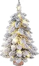 Prelit Mini Christmas Tree,18Inch Tabletop Flocked Christmas Tree with Lights and Wood Base, Xmas Pine Tree for Holiday Home Office Christmas Decoration