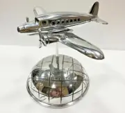 Nautical Chrome Aluminum Airplane on World Map Globe Base Home Office Decor