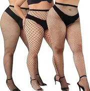 [Generic] 3-Pack Plus Size Fishnet Stockings – Open Crotch High Elastic Black Tights, Large Mesh, Medium Mesh, Small Mesh (Fits 40-120kg)