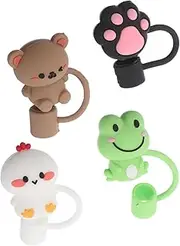 Alasum 4pcs Animal Shaped Straw Covers Reusable Silicone Tips for Tumblers Bear Rabbit Chick Frog Childsafe Spill Leak Prevention Portable Drink Accessories for Home Outdoors