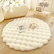 Round Area Rugs Faux Fur Circle Fluffy Carpet, Machine Washable Area Rug, Anti-Slip Floor Mat for Bedroom Living Room Modern Decor(White,Diameter 50cm)