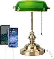 FIRVRE Glass Bankers Desk Lamp with USB Charging Port Classic Green Desk Light with Pull Chain Switch Plug in Fixture for Bedroom Headboard Workplace Office Desk Library