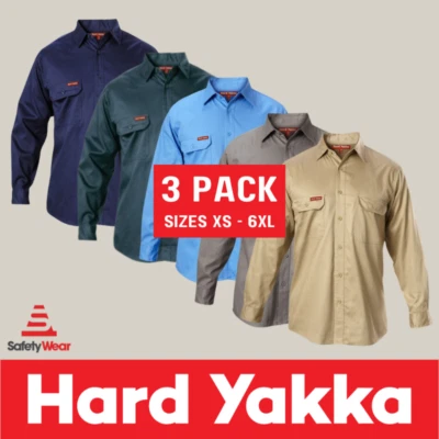 3x Hard Yakka Shirt Cotton Drill Work Shirt Long Sleeve Y07500 Safety Tradie