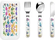 Many Colorful Cartoon Dinosaurs 3 Piece Set For Camping Stainless Steel Flatware, Spoon, Fork, Knife, Ideal For Outdoor