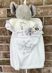 Little Me White WELCOME TO THE WORLD Baby Blanket & Elephant Rattle Toy 2 Pc Set