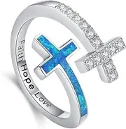[Twoowl] Faith Hope Love Ring 925 Sterling Silver Cross Adjustable Rings Blue Opal Ring for Women Opal Jewellery Gifts for Women Girls Birthday, Sterling Silver