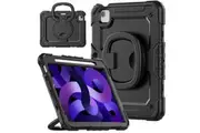 iPad Air 5th/4th Gen 10.9 inch Rotatable Handle Ring Folding Stand Case with Screen Protector-Black&Black