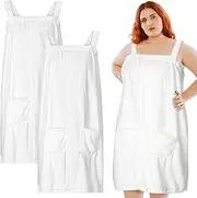 [Tigeen] 2 Pcs Women Bath Wrap Towel Dress Terry Cloth Spa Robe with Straps Adjustable Closure Elastic Top Spa Gym Shower, White, One Size