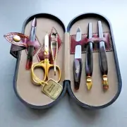 NEW Vintage Solingen Manicure Set- 6 pcs. Scissors Nail File, brown Leather Case