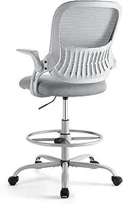 Sweetcrispy Tall Drafting Desk Chair - Ergonomic High Stool Computer with Adjustable Height and Comfy Lumbar Support, Office Rolling Counter for Standing Desk with Flip-up Arm and Footrest, Grey