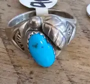 Vintage Native American Sterling Silver Turquoise Feather Ring Navajo Sz 8