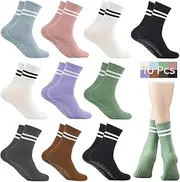 [GEPAPE] 10 Pairs Yoga Pilates Grippy Non Slip Long Socks with Grips for Women Yoga, Pure Barre,Ballet,WorkoutDance