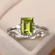 Emerald cut 1.70 carat peridot bridal sets ring sterling silver wedding rings