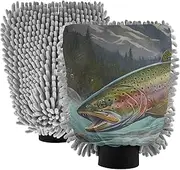 XYMZR Trout Big River Absorbent Microfiber Car Wash Mitt, Funny Cute Anime Scratch Free for Cars Cleaning, Home Cleaning Mitts, 2 Pack, 10.24” L x 7.09” W