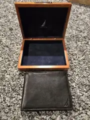 VNT Nautica Trifold Leather Wallet & Wooden Passcase Case Box Velvet NIB