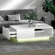 [Artiss] Coffee Table LED Side Tea Tables Storage Drawers, Home Furniture Living Room Office, with Drawer Rectangular High Gloss Display Shelf Wooden White Particle Board Easy Assembly