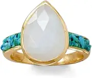 [JewelryWeb] 14k Gld Plated 925 Sterling Silver Rainbow Celestial Moonstone and Crushed Turquoise Ring Setting 11.5mm Band Style-Ring for Women