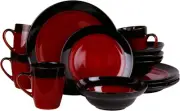 round Stoneware Two-Toned Dinnerware Dish Set, 16 Piece, Bright Red and Black