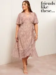 Friends Like These Pink Curve Chiffon Mix Flutter Sleeve Wrap Dress (AG6040) | $175