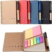 PARTY BESTBUY 4 PCS Spiral Notebook, 12x15cm Small Pocket Notebooks with Pen in Holder and Sticky Notes, Page Marker Colored Index Tabs Flags, Note Pads for Office, Home, School (Black/Red/Brown/Blue)