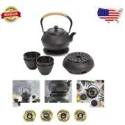 Luxury Cast Iron 40 oz Tea Kettle with Trivet & 4 Teacups - Japanese Elegance