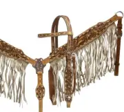 Showman double stitched leather headstall and breast collar set wit suede fringe