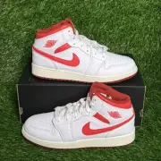 Size 7Y/8.5W - Air Jordan 1 Mid White Dune Red White Leather - FJ3464-160
